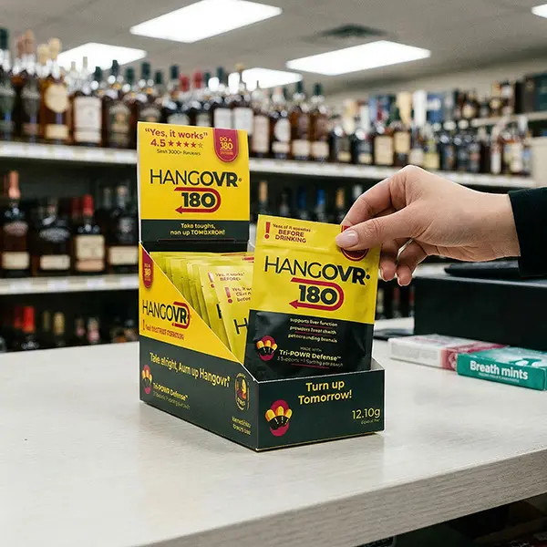 HANGOVR180® pouch at liquor store checkout