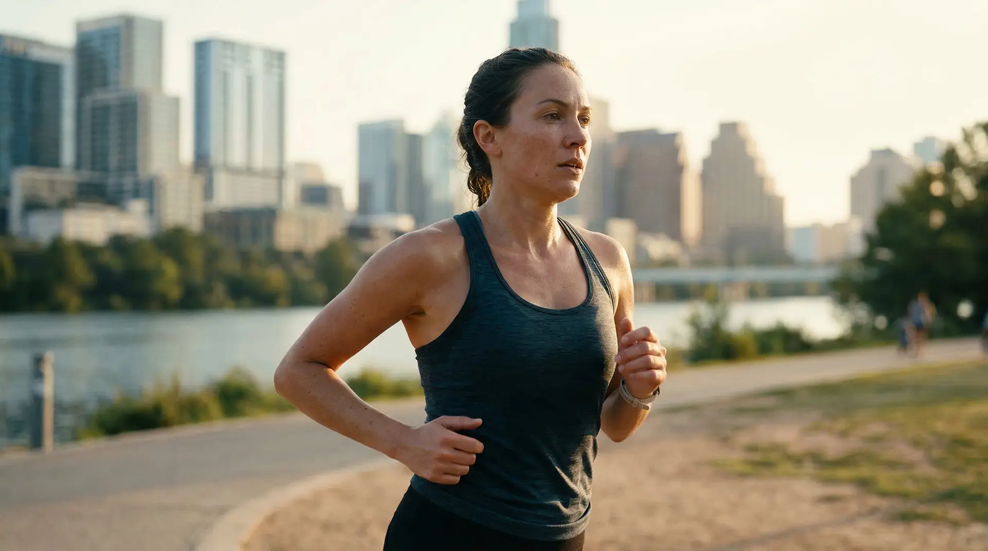 Woman running with Austin skyline at golden hour