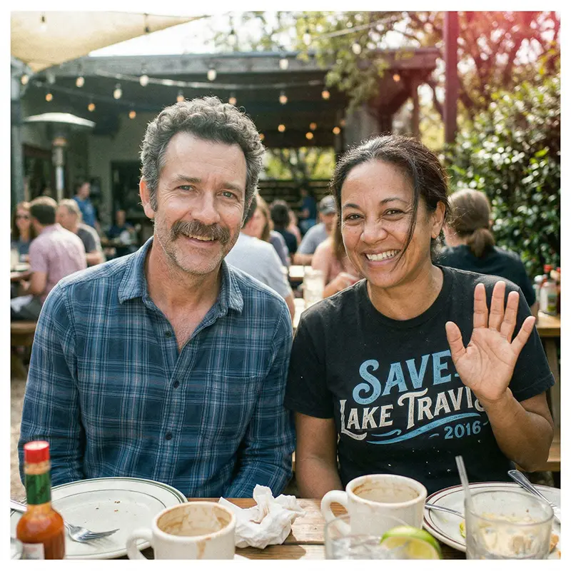 The Rowleys laughing at brunch