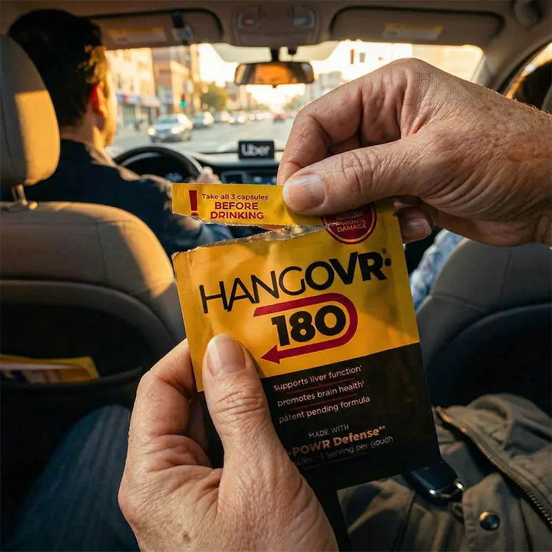 Hands tearing open a HANGOVR180® sachet