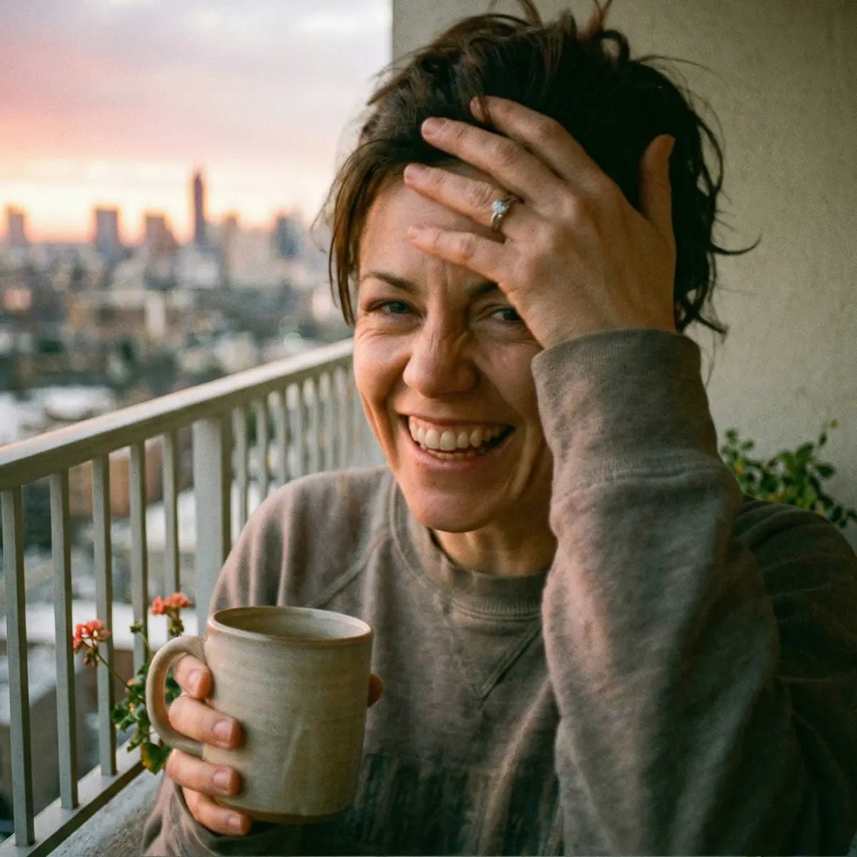 Woman smiling with coffee on a balcony at sunset